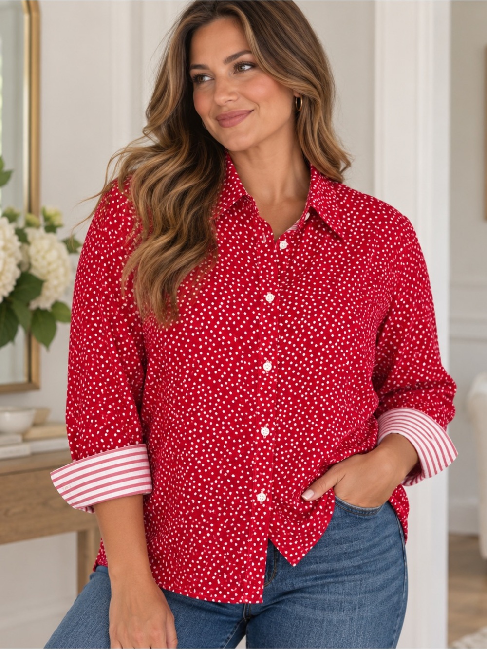 Chaps Red Polka Dot Button-Up Shirt No Iron